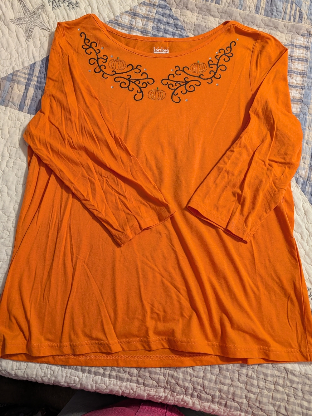 Orange Scoop Neck Embellished Halloween Women's Top